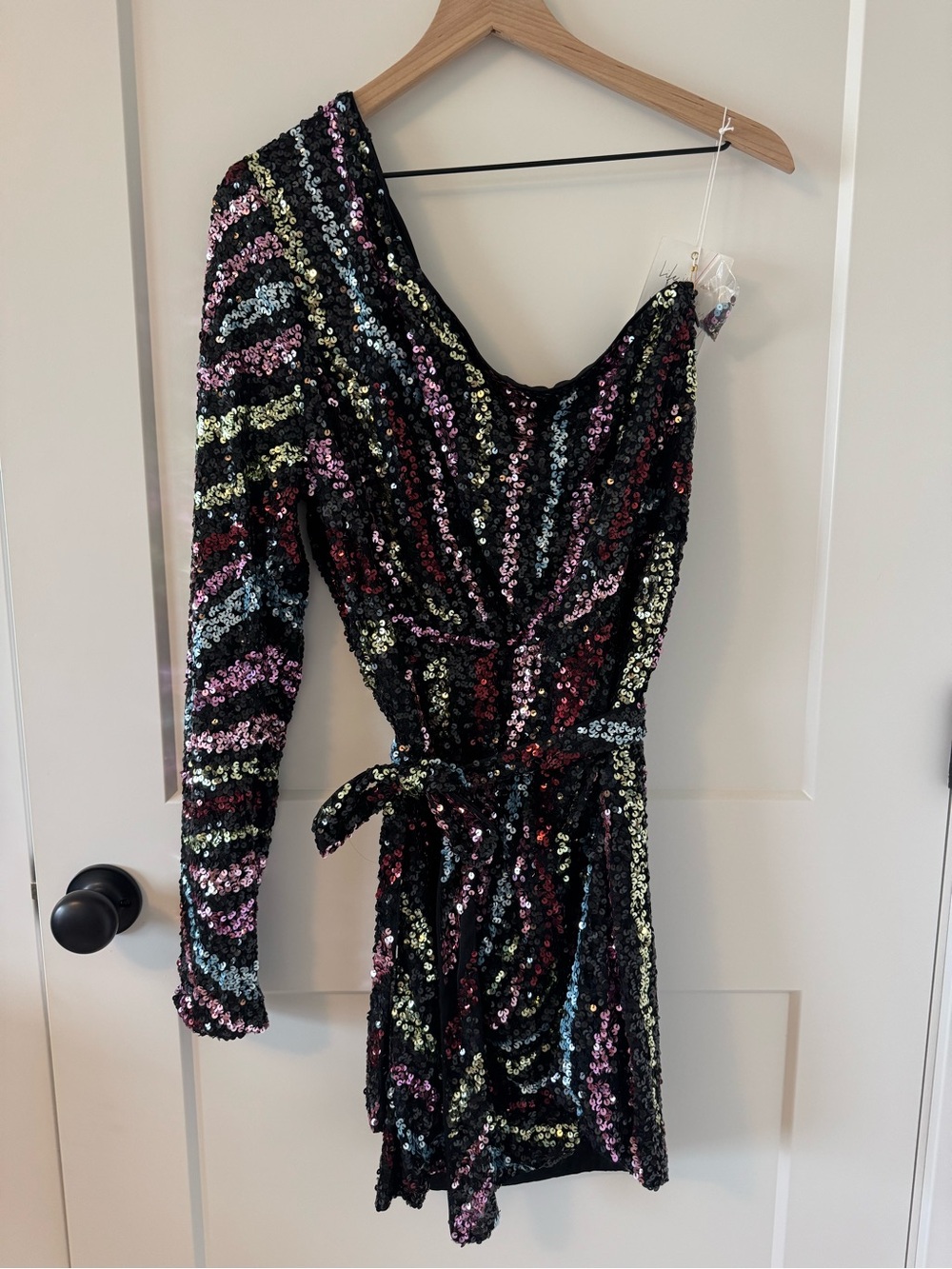 Show Me Your MuMu Black One-Shoulder Sequin Mini Dress with Multicolor Stripes